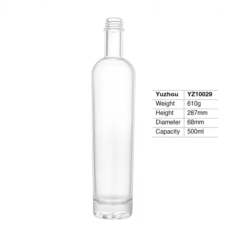 500ml tall round clear super flint glass spirit bottle with thick heavy base and long neck for premium vodka whiskey gin packaging