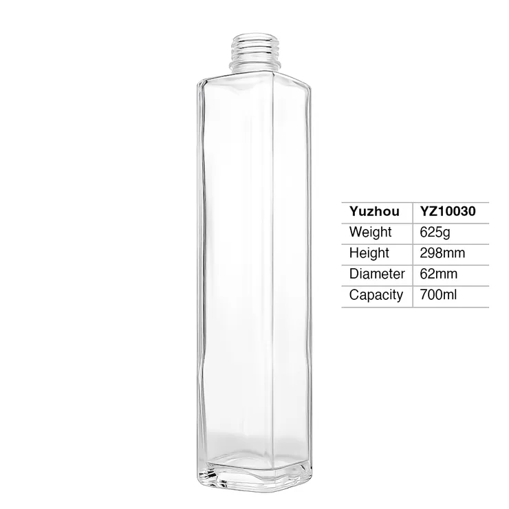 A tall, slender 700ml square glass liquor bottle made of premium super flint glass with a screw-top finish and thick base.