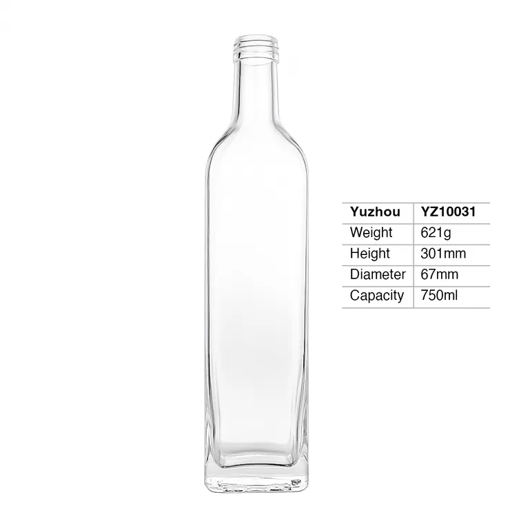A tall 750ml Nordic square-shaped clear glass bottle made of super flint glass featuring a screw neck and a thick, weighted base.