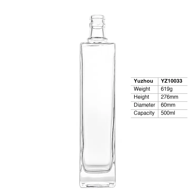 A tall, 500ml square-shaped super flint glass bottle with a heavy thick base and a cork finish neck, ideal for premium spirits.