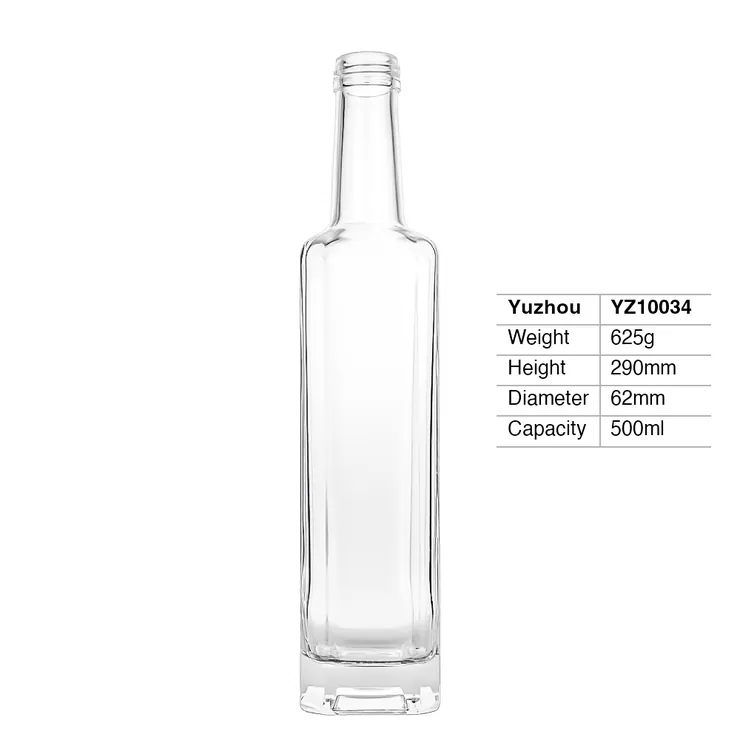 A tall 500ml octagonal faceted super flint glass bottle with a thick heavy base and a threaded screw top finish for premium spirits.