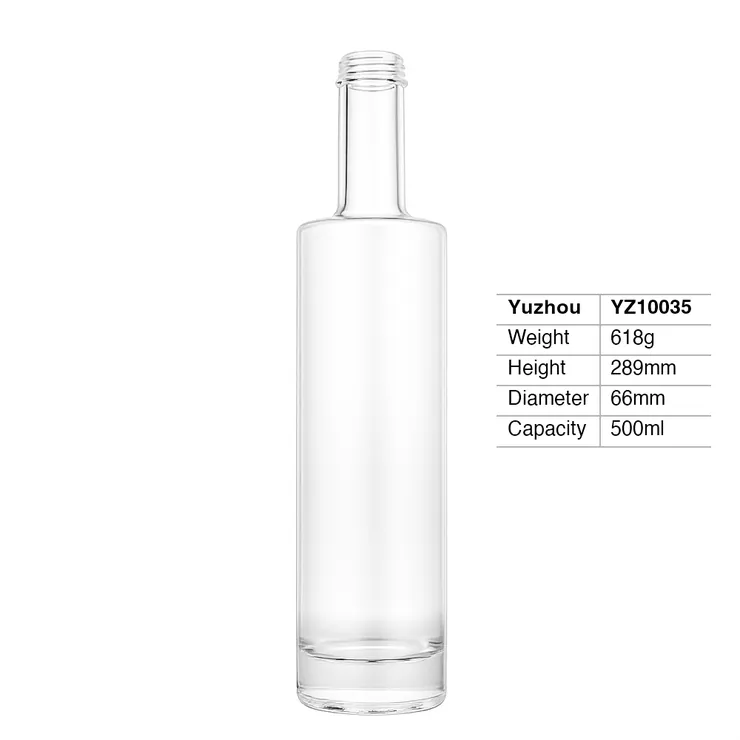 A tall, cylindrical 500ml super flint glass bottle with a thick heavy base and a screw thread neck finish.