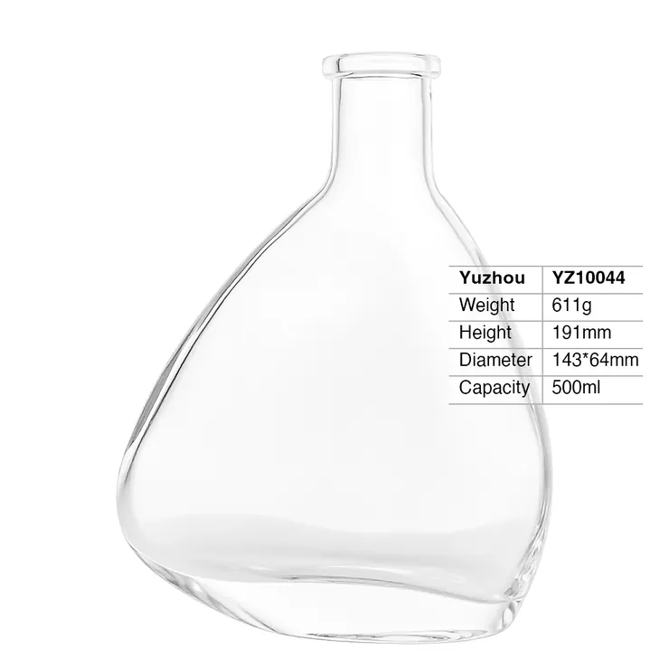 Unique triangular 500ml super flint glass bottle with a wide base and cork mouth finish for luxury spirits.