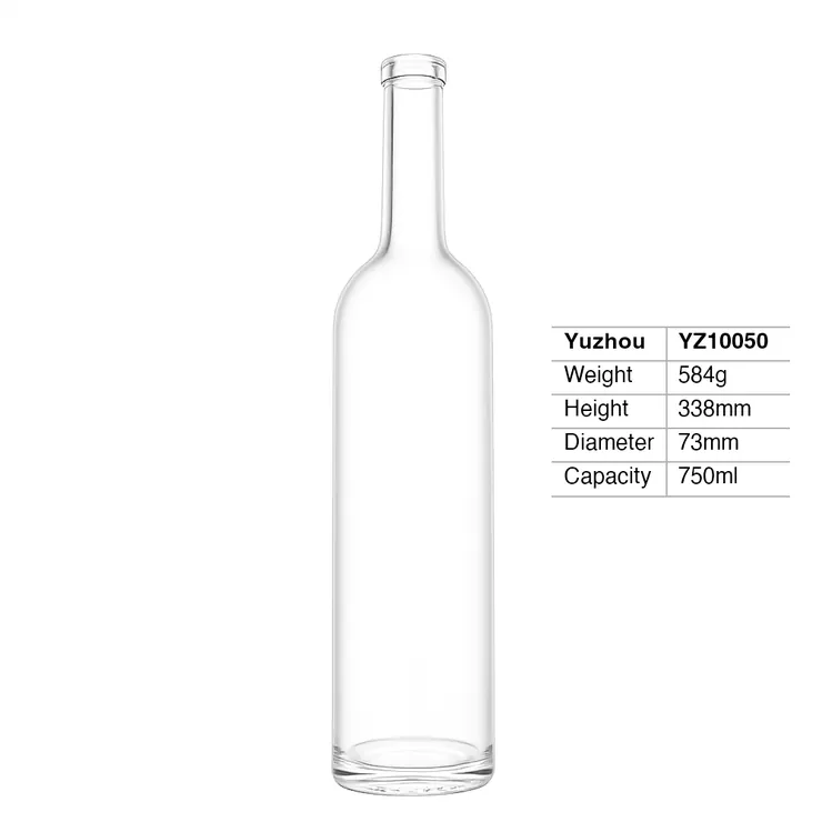 Yuzhou Glass 750ml crystal clear extra flint round cylindrical spirits bottle featuring a tall slim neck and smooth round base.