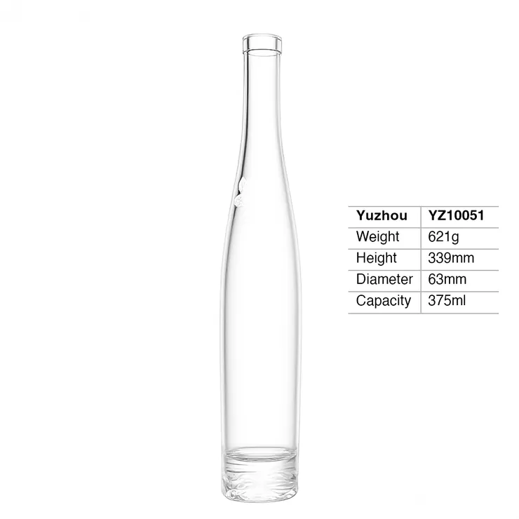 Yuzhou Glass YZ10051, a tall 375ml (12.7 oz) demi spirit bottle made of crystal clear extra flint glass, featuring a sleek round tapered shape and a substantial heavy base.